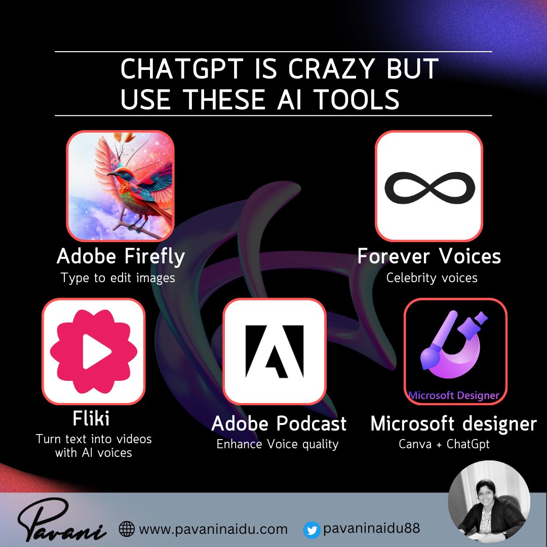pavaninaidu88's tweet photo. Do you know about these tools ?
ChatGPT is crazy but also try these tools
1. Adobe Firefly
2. Forever Voices
3. Fliki
4. Adobe Podcast
5. Microsoft Designer
https://t.co/fyLXkMvQFq
#digitalmarketing #digitalmarketingtools #pavaninaidu #aitools #designingtools #contenttools https://t.co/DAL1o8krGN
