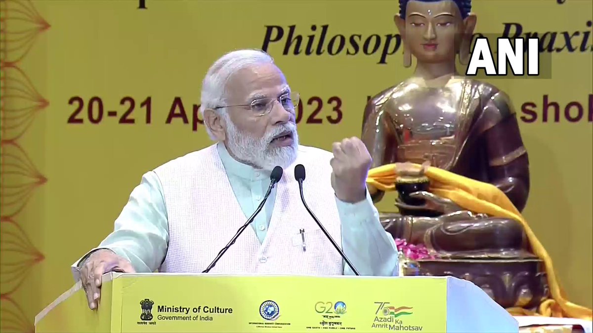 ANI's tweet photo. The world is suffering from war and unrest today, centuries ago Buddha had given a solution for this. India has not given ‘Yuddha’ to the world but ‘Buddha.’ The path of Buddha is the path of future &amp; sustainability: PM Narendra Modi at Global Buddhist Summit, Delhi https://t.co/D1lvBIvLDu