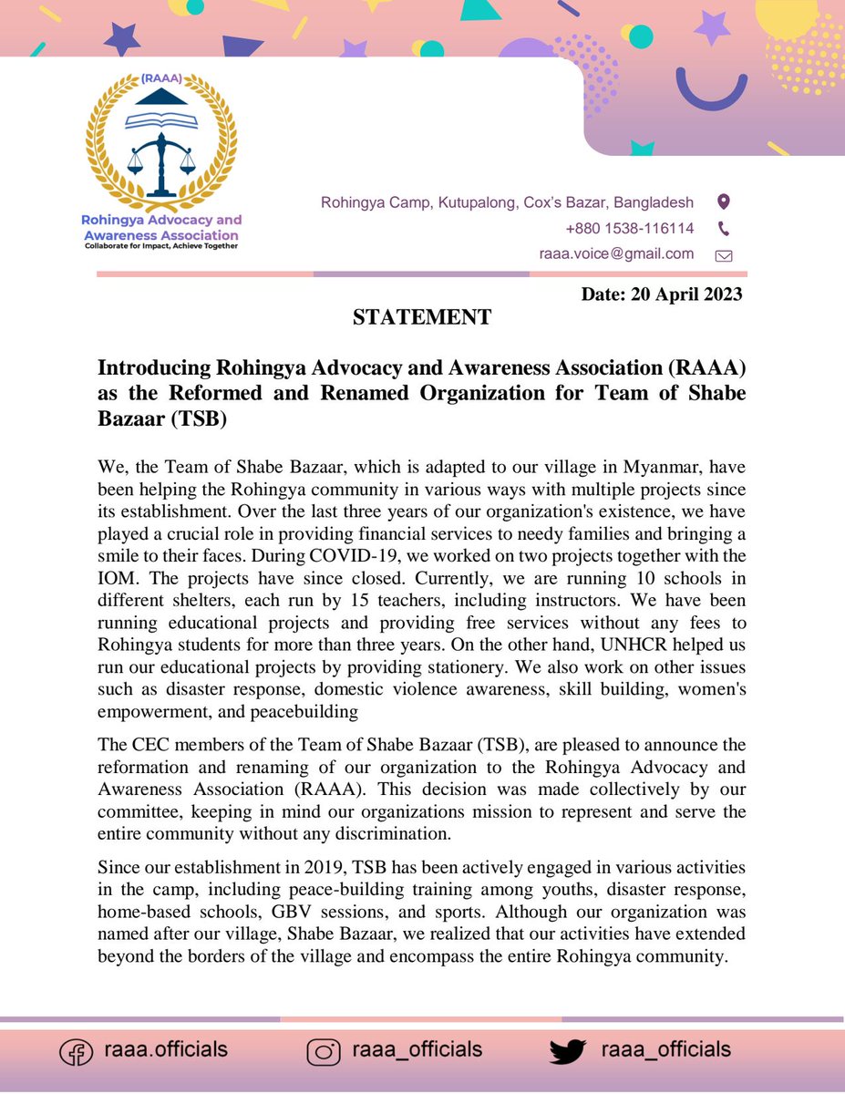 RAAA_Rts's tweet photo. The CEC #members of the Team of Shabe Bazaar (TSB), are pleased to announce the reformation and renaming of our #organization to the Rohingya Advocacy and Awareness Association (RAAA). This decision was made #collectively by our committee. https://t.co/zbHtWs4ELu