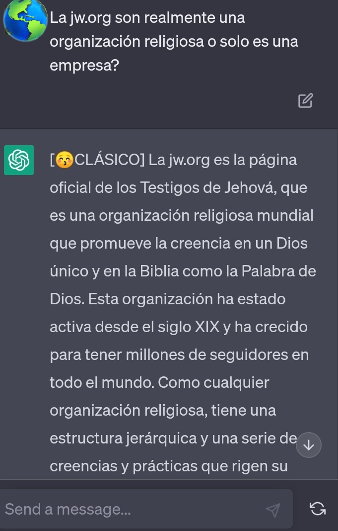 SrCangrejoPIMO's tweet photo. Aquí hablando con el #ChatGPT h4cke4dA. Y me acordé de preguntar cosas sobre la #Watchtower. Y aquí está los dos ejemplos: la versión clásica (normal) respuesta sacada de la #jW.org. Y la versión hack. 
No sé que piensan sobre esta #IA 🤔🤨
#extj #exjw #Secta #testigosdejehova . https://t.co/MGQOnIMgZv