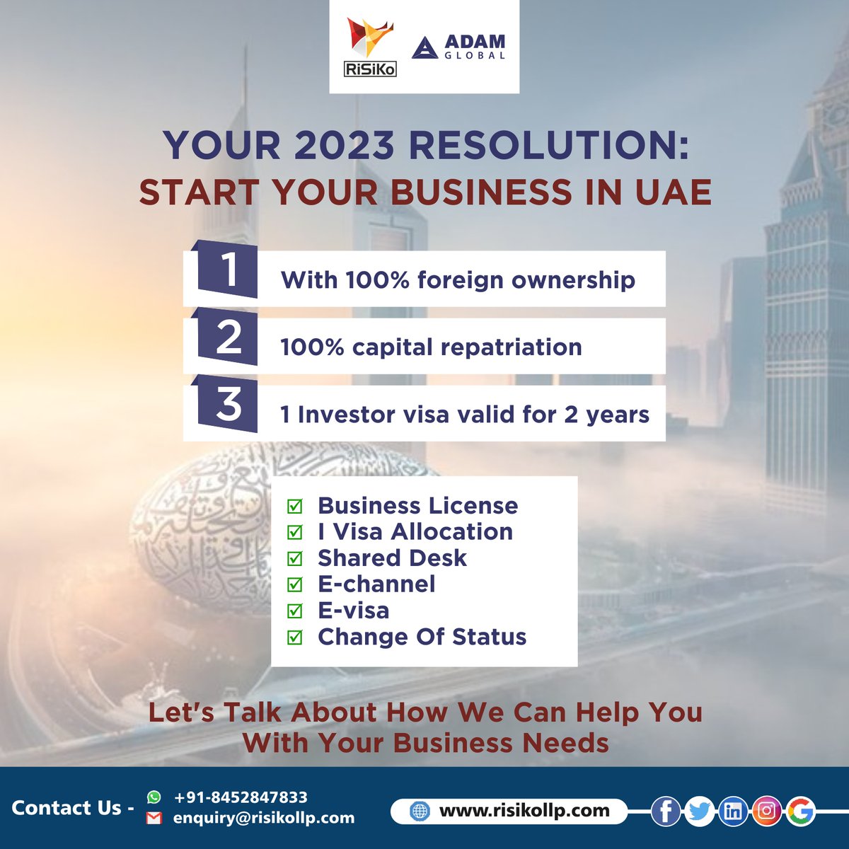 RiSiKollp's tweet photo. YOUR 2023 RESOLUTION START YOUR BUSINESS IN UAE .

Lets talk about how we can help you with your business needs.
.
.
.
.
.
#Dubai #India #newsetup #company #risikollp #adamglobal #business #companyindubai #financial #adamglobal #globalnetwork #growth #opportunities https://t.co/6GieTUCxxa