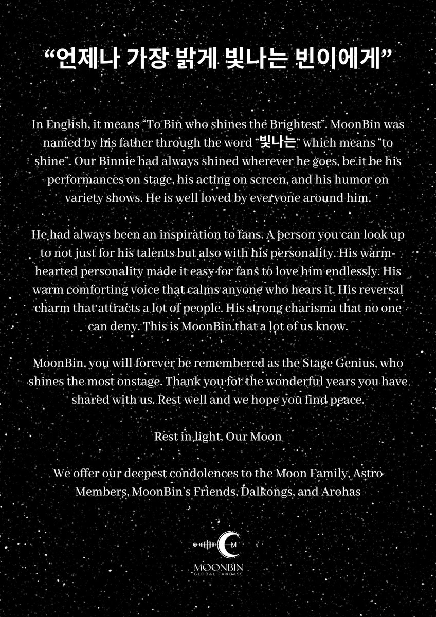MoonBinGlobal's tweet photo. To the Moon who shines the Brightest, Our MoonBin, May you find rest and peace wherever you are.

We offer our deepest condolences to the Moon Family, Astro Members, MoonBin’s Friends, Dalkongs, and Arohas

#ASTRO #아스트로 #문빈 #MOONBIN #ムンビン #文彬 #มุนบิน @offclASTRO https://t.co/GbciS8jeyn