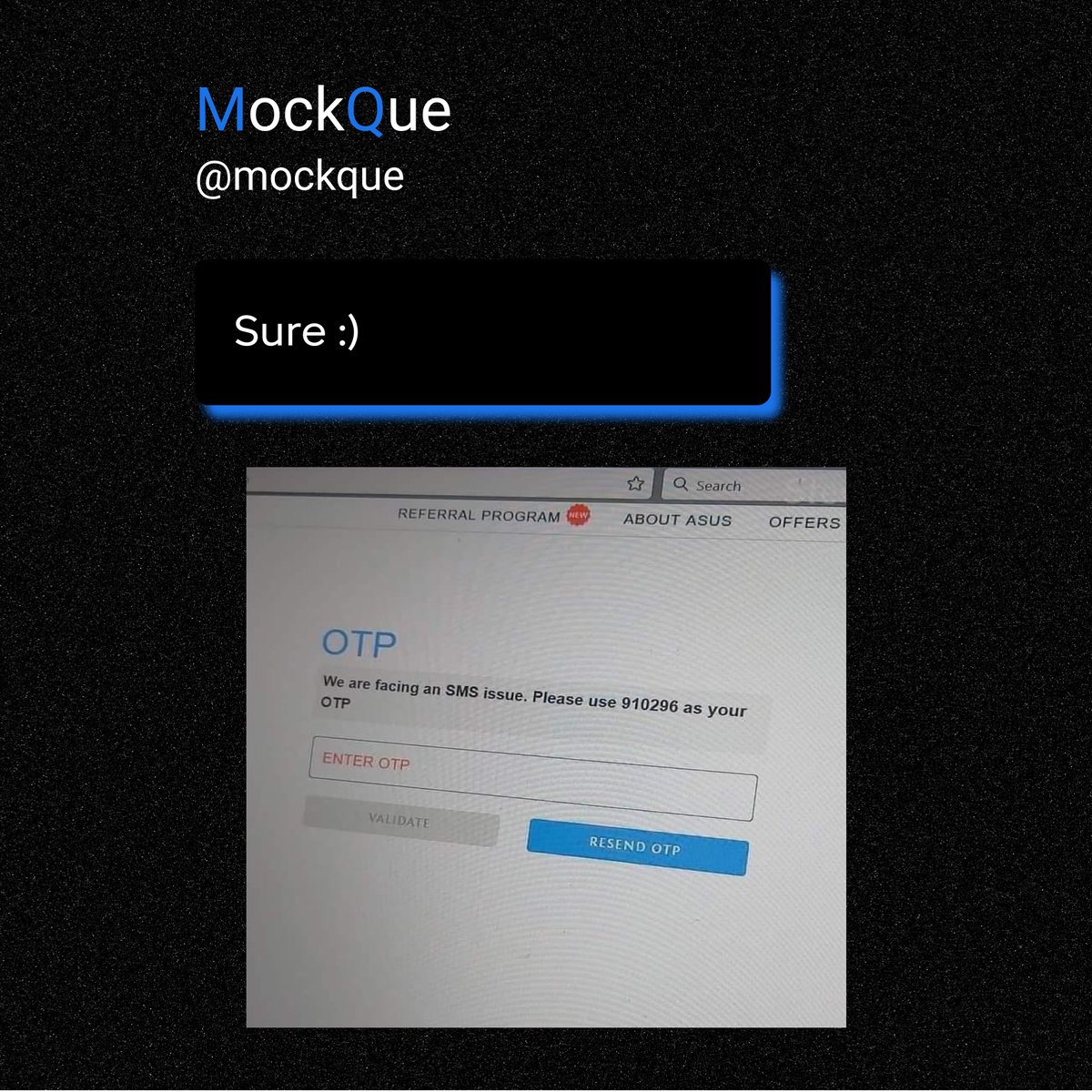 mockque_'s tweet photo. Sure, why not π
Follow @mockque for more such amazing content.
Book your First Mock Interview with @mockque
#mockque
#hraezlyrinc
#OTPmemes
#CyberSecurityHumor
#TwoFactorAuth
#OTPstruggles
#TechHumor
#FunnySecurity
#HackersBeware
#OnlineSecurity
#OTPfail https://t.co/16Uq7H8Frl