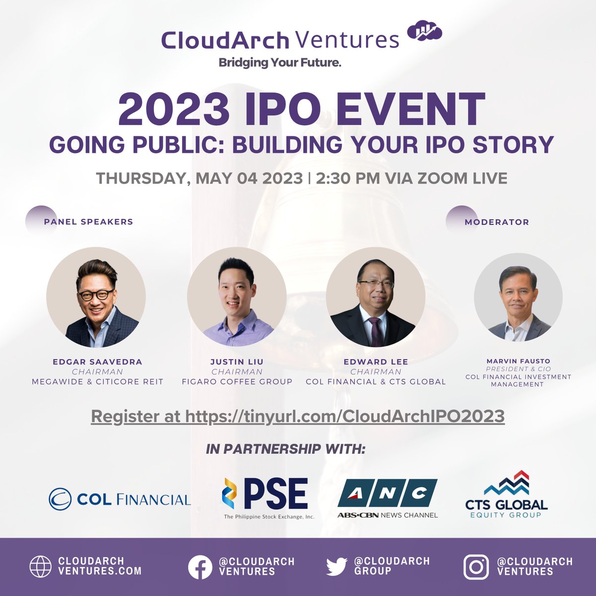 CloudarchGroup's tweet photo. The CloudArch 2023 IPO Event is 2 weeks away! 

Whether you're a business owner, investor, or someone simply curious about the world of finance, this event is not to be missed. Introducing our second group of panelists! Join them as they discuss the topic: The Founder’s Mentality https://t.co/CmoXKrytFj