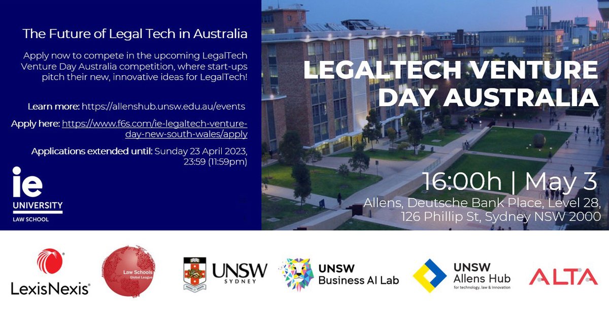 UNSW Allens Hub for technology, law and innovation (@unswallenshub) on Twitter photo Attention all #LegalTech start-ups! Application deadline extended for the LegalTech Venture Day Australia comp on Wed 3 May 2023!
🗓️Applications now close: Sunday, 23 April 2023, 23:59
APPLY NOW: bit.ly/3nv8YK2
<a href="/UNSWLaw/">UNSW Law & Justice</a> <a href="/ALTAdotLAW/">ALTA - Australian Legal Technology Association</a> <a href="/lyria1/">Lyria Bennett Moses</a> <a href="/SwizzleFish/">Mary-Anne Williams</a> <a href="/AllensLegal/">Allens</a> Attention all #LegalTech start-ups! Application deadline extended for the LegalTech Venture Day Australia comp on Wed 3 May 2023!
🗓️Applications now close: Sunday, 23 April 2023, 23:59
APPLY NOW: bit.ly/3nv8YK2
<a href="/UNSWLaw/">UNSW Law & Justice</a> <a href="/ALTAdotLAW/">ALTA - Australian Legal Technology Association</a> <a href="/lyria1/">Lyria Bennett Moses</a> <a href="/SwizzleFish/">Mary-Anne Williams</a> <a href="/AllensLegal/">Allens</a>