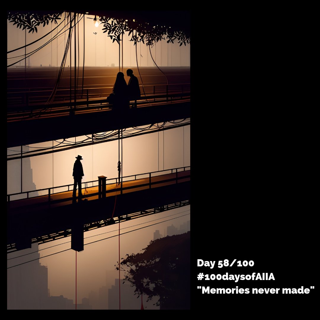 spinnybuns's tweet photo. Day 58/100 #100daysofAIIA
"Memories never made"
The memories of paths not taken have a way of haunting us.
What choices do we make today so we don't look back
with regret tomorrow?
Your inner voice whispers
As society tries to squelch it
But it gasps for air
In the form of hope https://t.co/tkH4u3A0d4
