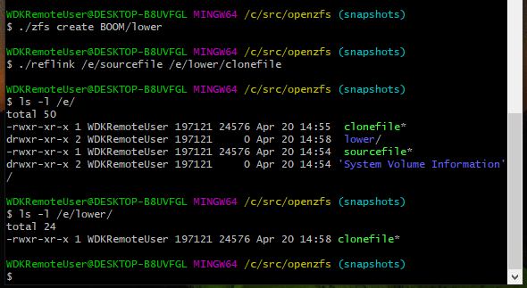 openzfsonwindow's tweet image. Plumbing the new #openzfs file clone-block feature on #Windows. It can handle crossing datasets, which is nice.