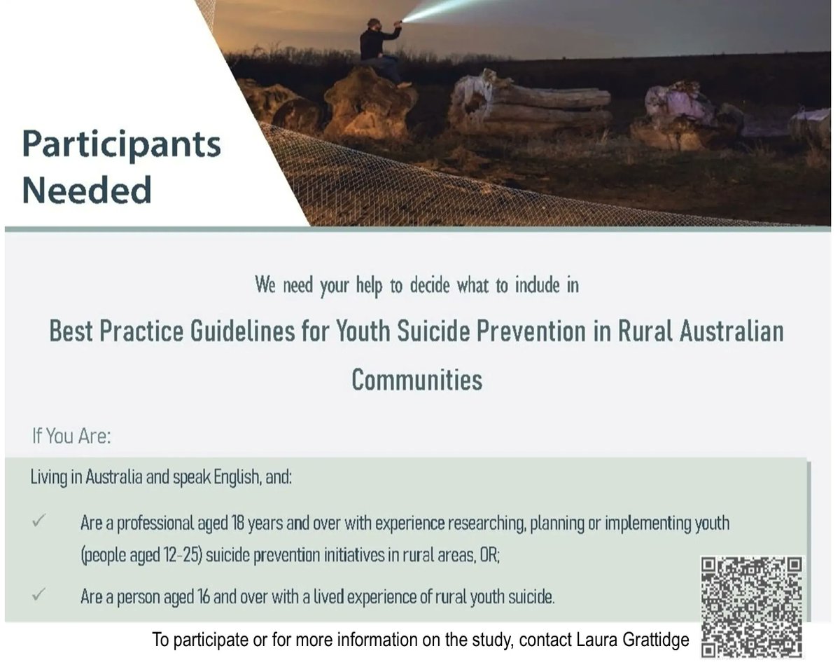 Do you have experience that can help rural youth suicide prevention? ARH PhD Scholar Laura Grattidge at @UTAS_ is looking for participants to help with a study on youth suicide prevention in rural communities. 💜 For more, contact Laura Grattidge - laura.grattidge@utas.edu.au