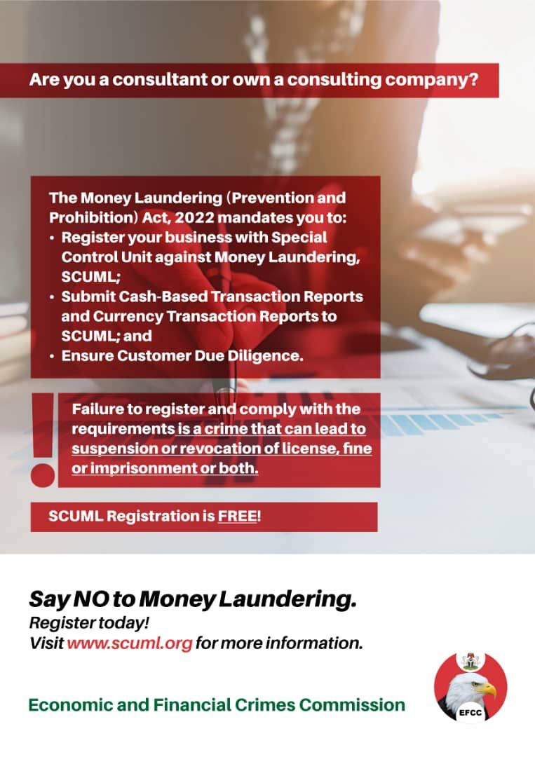 cbngov_akin1's tweet image. Beware of Money Launderers that find Consulting Firms easy to use for criminal acts because they can easily claim that the funds they are/were paid represents their professional fee/charges. Register your firms/biz with #EFCC’s #SCUML.

It’s good for the owners of Consulting…