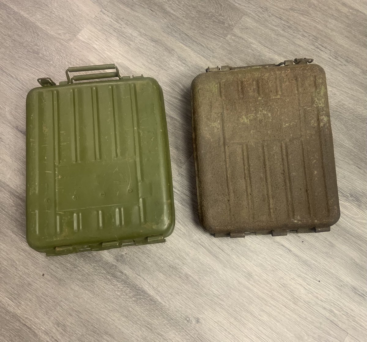 SgtStavka's tweet photo. Managed to get an 82mm mortar round case today.  Shown here next to our 50mm one.  Not sure if when these were used or how they were deployed but they make for great displays.
The last photo is to show my Federal minder* that these are all inert

#militaria #mortar #sovietweapons https://t.co/G4b9vM07gP