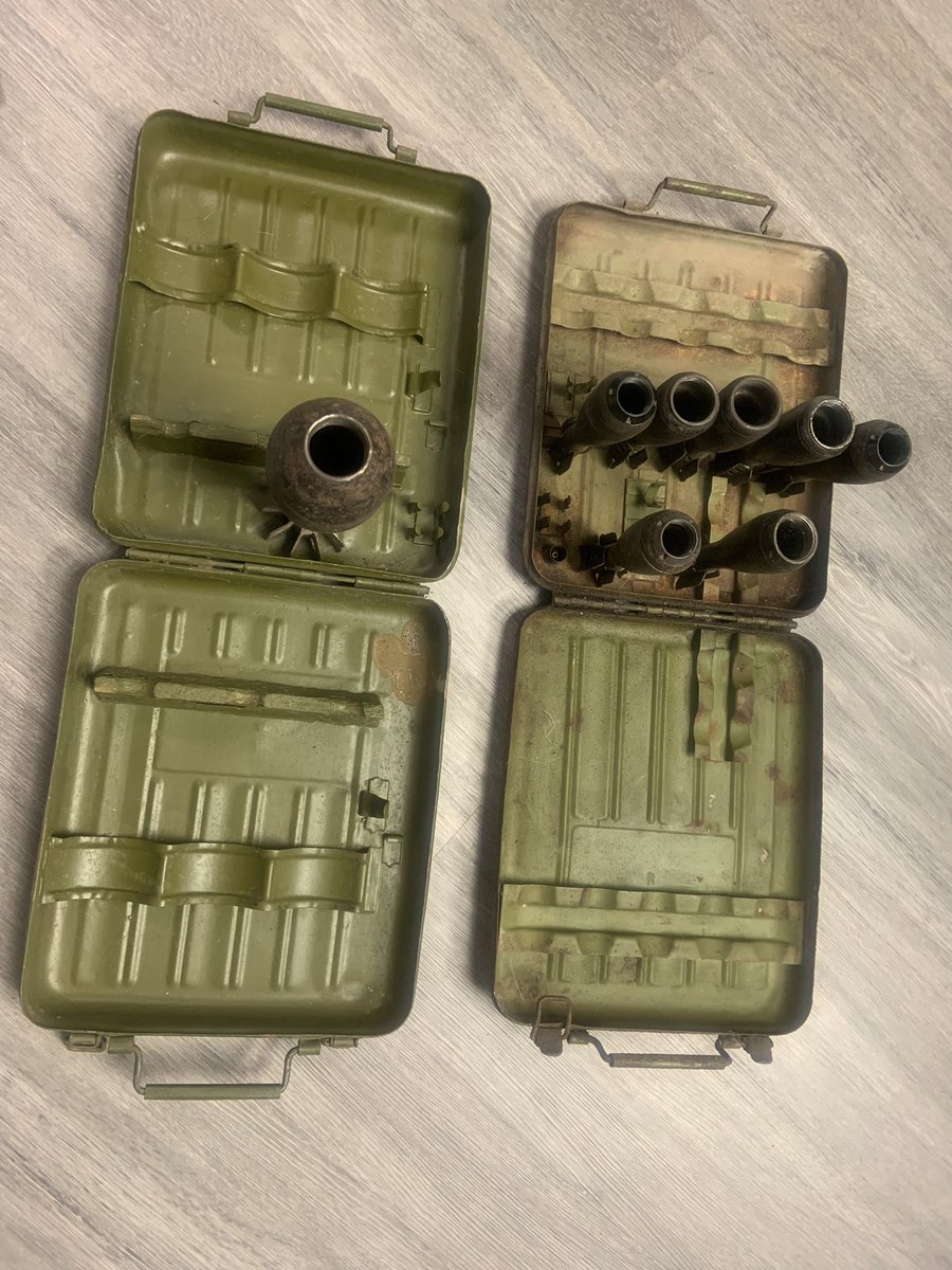 SgtStavka's tweet photo. Managed to get an 82mm mortar round case today.  Shown here next to our 50mm one.  Not sure if when these were used or how they were deployed but they make for great displays.
The last photo is to show my Federal minder* that these are all inert

#militaria #mortar #sovietweapons https://t.co/G4b9vM07gP