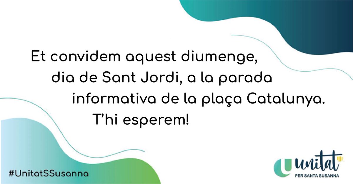 UnitatSusanna's tweet photo. 🗓️ Sant Jordi, diumenge 23 d'abril
🕙 De 10h a 14h
📍 Plaça Catalunya, #SantaSusanna
#UnitatSSusanna https://t.co/6NzLsDoUrH