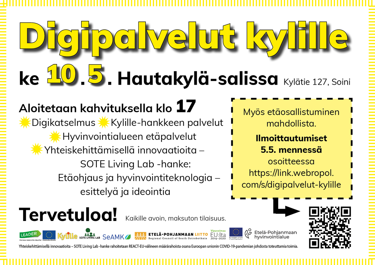 Tervetuloa Digipalvelut kylille -iltamaan ke 10.5.23 klo 17-19 Soinin Hautakylä-saliin! 🌞

Paljon mielenkiintoista asiaa ja innovointia kaikille maksuttomassa ja avoimessa tapahtumassa.

Ilmoittaudu mukaan, etenkin jos osallistut etänä:
link.webropol.com/s/digipalvelut…