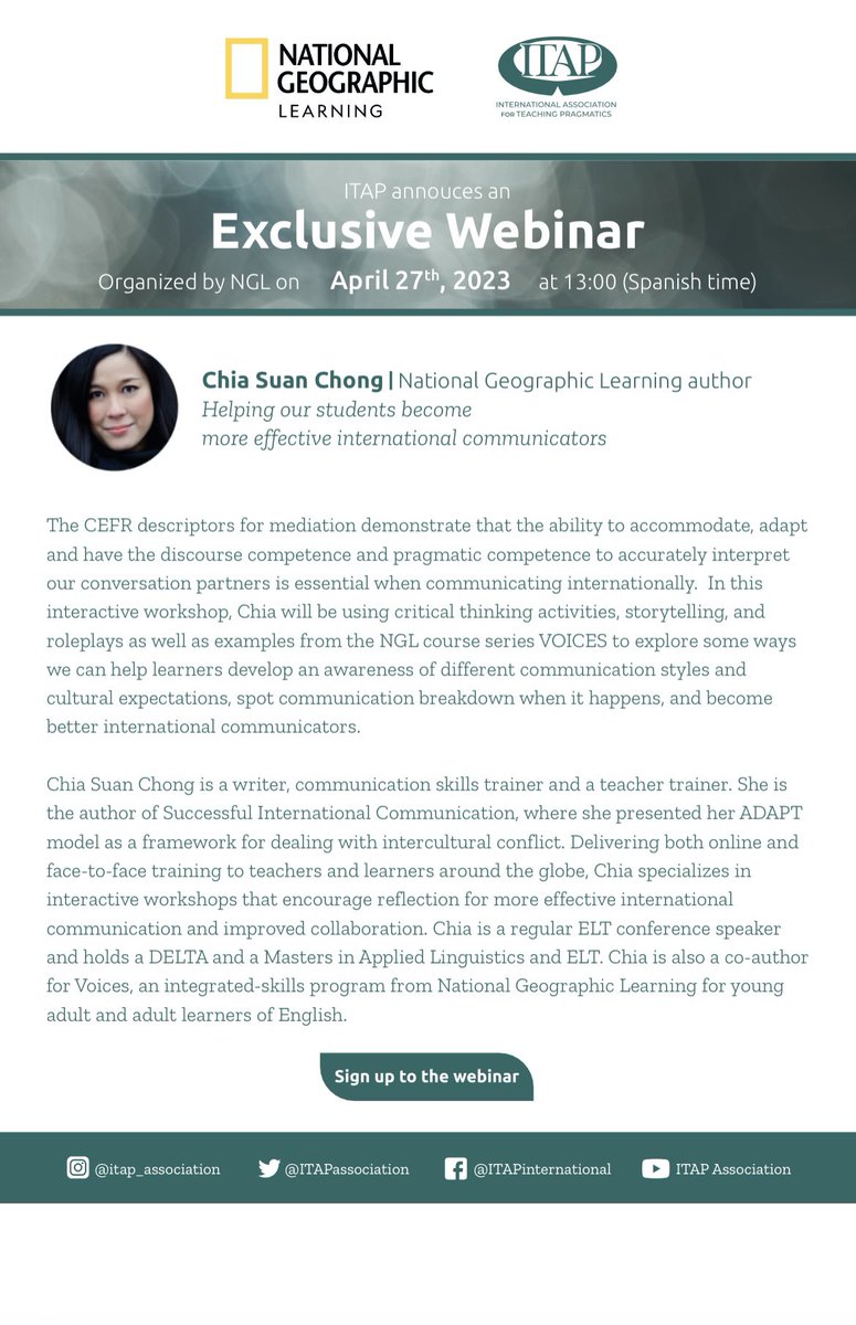TroyMcConachy's tweet image. Please consider joining this webinar on April 27th about helping language learners become more effective international communicators. It’s part of a unique collaboration between National Geographic Learning and @ITAPassociation 
#pragmatics #LanguageLearning #culture