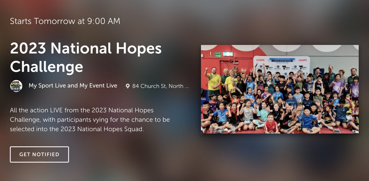 The 2023 National Hopes Challenge will stream LIVE tomorrow, with participants playing for a chance at selection in the National Hopes Squad 🏓

Tune in through the <a href="/TableTennisAus/">Table Tennis Australia</a> FB page, or on our livestream channel here: bit.ly/3KOaizP

#MSL #mysportlive #tabletennis