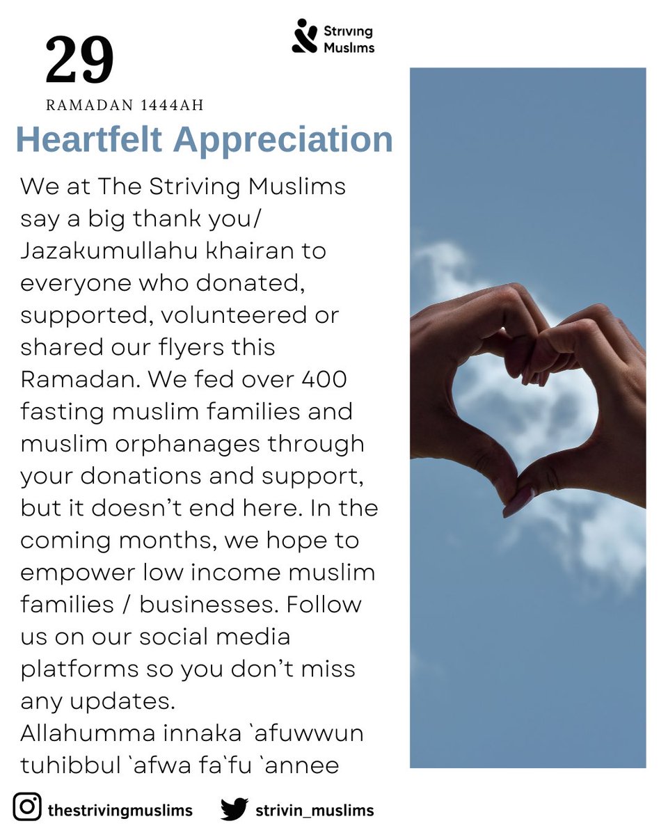 strivin_muslims's tweet photo. We say a big jazakumulahu khairan
Thank you for your donations and support
May Allah reward you abundantly
Ramadan Day 29
#ramadan2023 #thestrivingmuslim #feedthefastingmuslims #ramadanproject https://t.co/v1EaBComyr