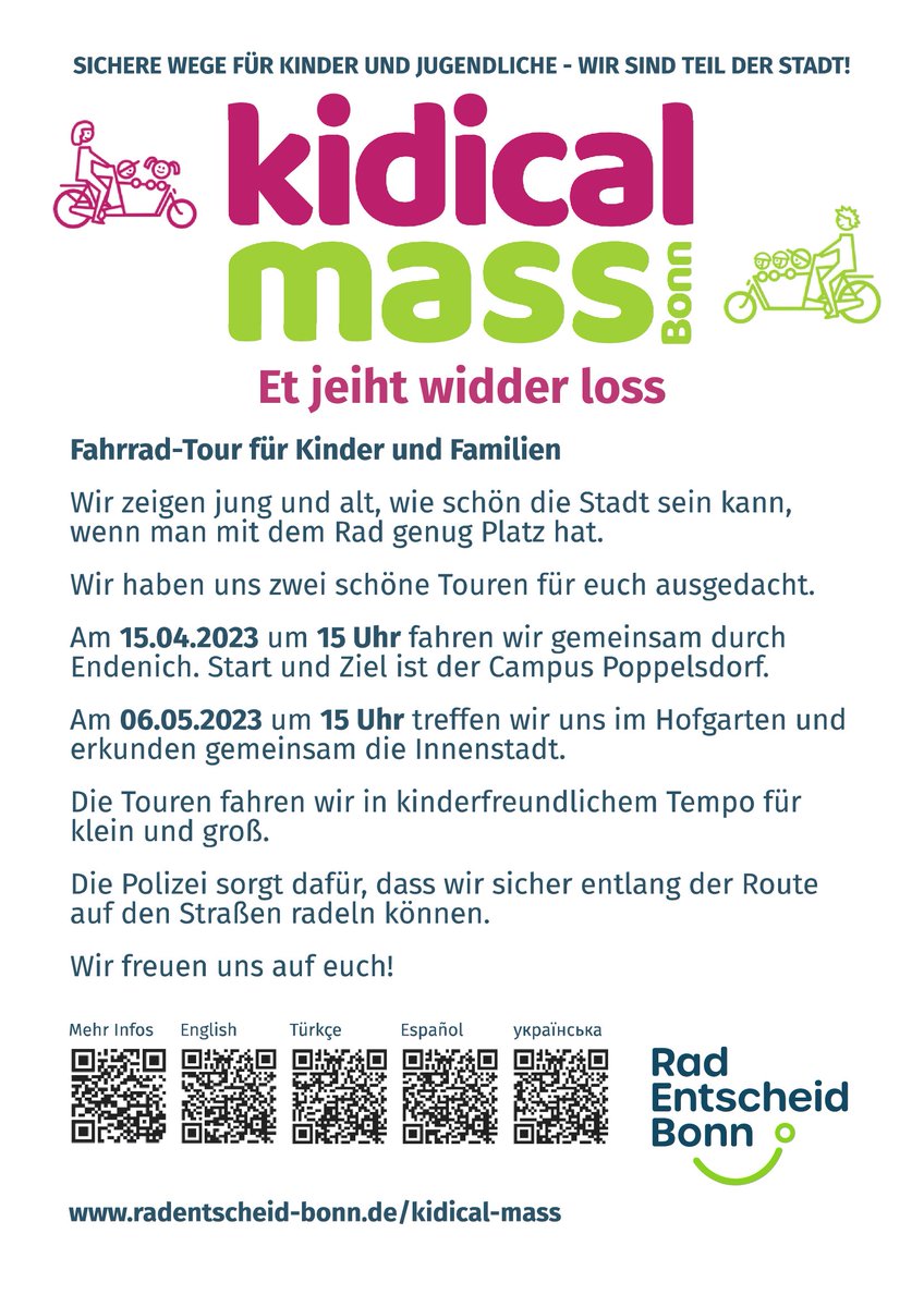 manuelpeter's tweet photo. Juhu! Am 6.5. ist wieder Kidical Mass in Bonn. Um 15:00 Uhr geht die bunte Familienfahrraddemo am Hofgarten los. Kinder fahren da, wo sonst nur Platz für Autos ist, um zu zeigen: Wir wollen sichere Wege für Kinder und Jugendliche! #kidicalmass #radentscheidbonn https://t.co/LJTi7Z5DYm
