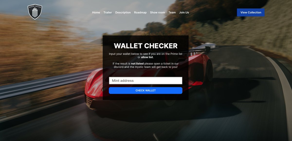 🚨 WALLET CHECKER 🚨

Hey racers, with the mint coming up on the 23rd of April, 3pm UTC, we have released a wallet checker! 🔥  

Please check your wallet here: 
mysticmotors.io/wallet-checker/