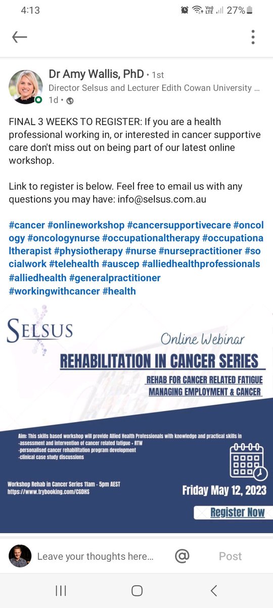 Come and join us to learn about two key aspects of cancer rehab and survivorship (managing  cancer related fatigue + return-to-work after cancer) trybooking.com/events/landing…
#cancersurvivor #cancerrehab