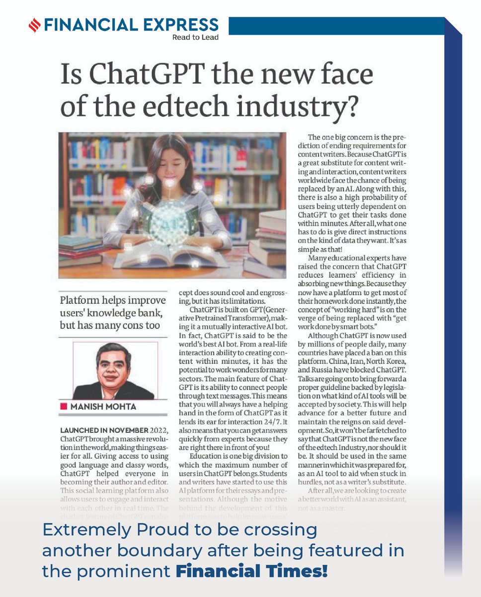 Wondering how the popular AI Bot ChatGPT changed the world?
Go through the Generative AI article by Learning Spiral’s managing director, #ManishMohta, and see the revolutionary changes #ChatGPT brought to the #EdTech industry.

epaper.financialexpress.com/3691288/Delhi/…