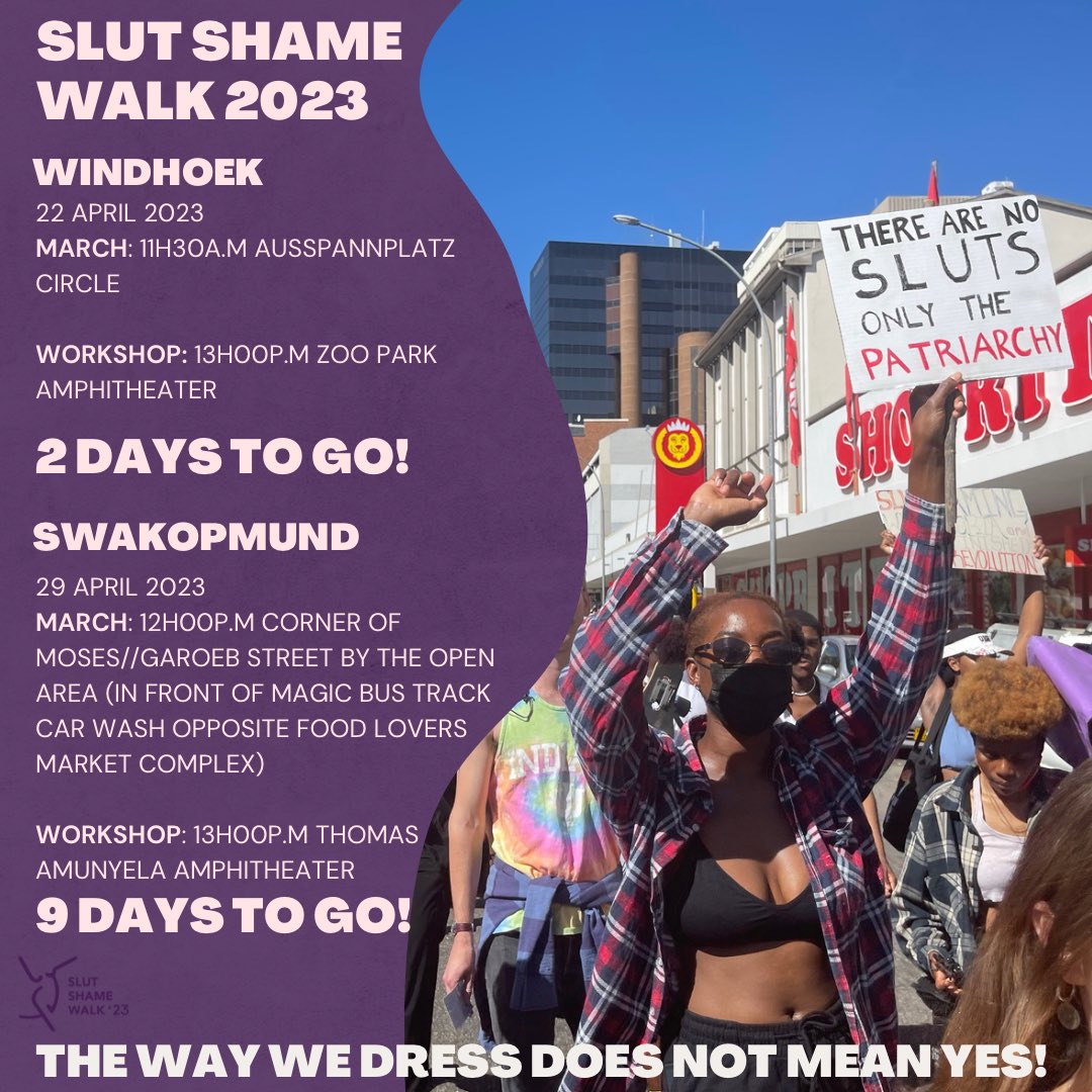 slutshamewalk's tweet photo. WINDHOEK SLUTS ONLY 2 DAYS TO GO!
SWAKOPMUND SLUTS ONLY 9 DAYS TO GO!
We cannot wait to come together to protest against rape, victim blaming, slut shaming and sexual assault!
THE WAY WE DRESS DOES NOT MEAN YES! #slutshamewalk #endrapeculture #sexualassaultawarenessmonth https://t.co/8UC3ReKLqt
