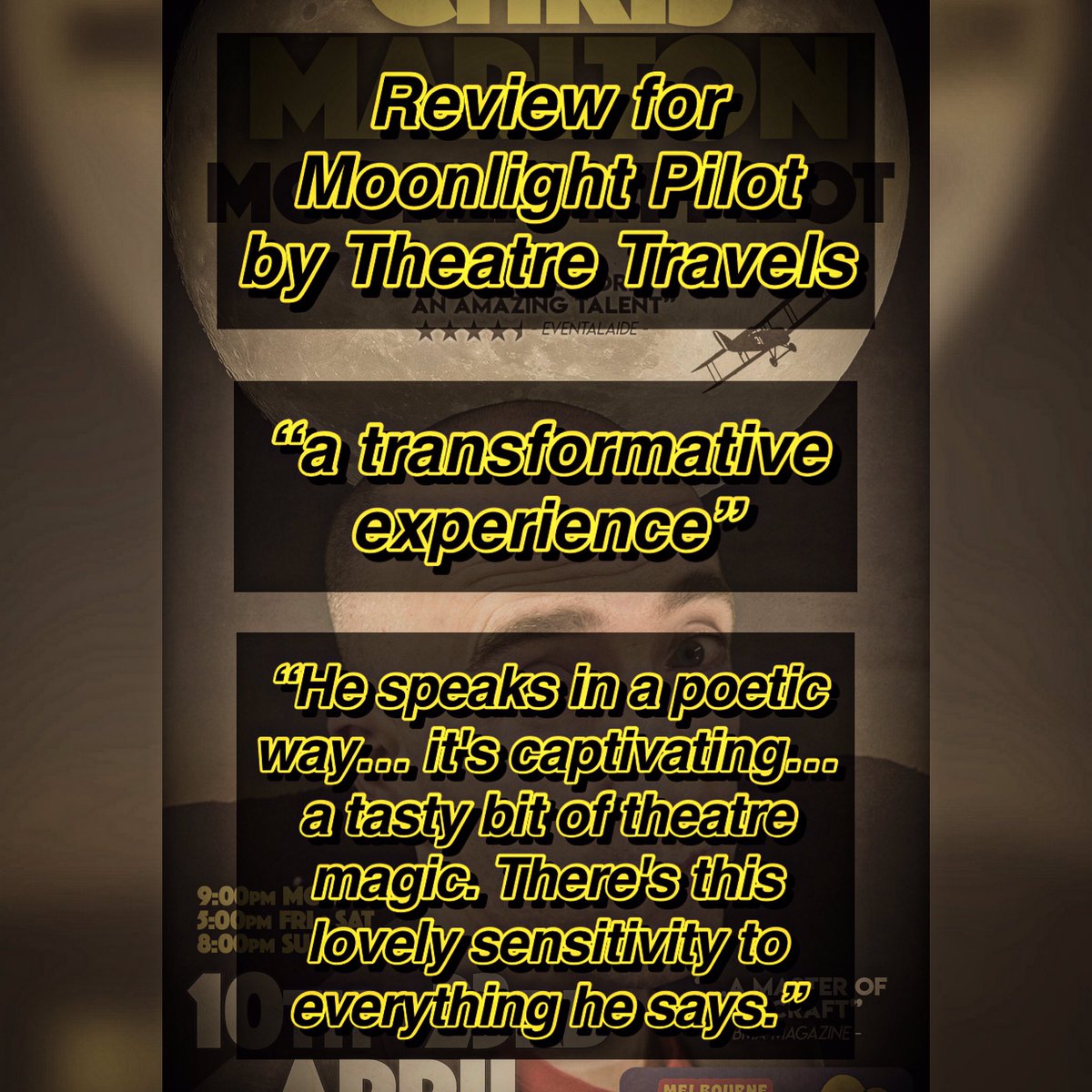 Review just in: thanks to Theatre Travels for coming to check out Moonlight Pilot at the <a href="/micomfestival/">Melbourne International Comedy Festival</a>. Four shows to go, 9pm Thu, 5pm Fri and Sat, 8pm Sun. Read the full review theatretravels.org/post/review-ch…