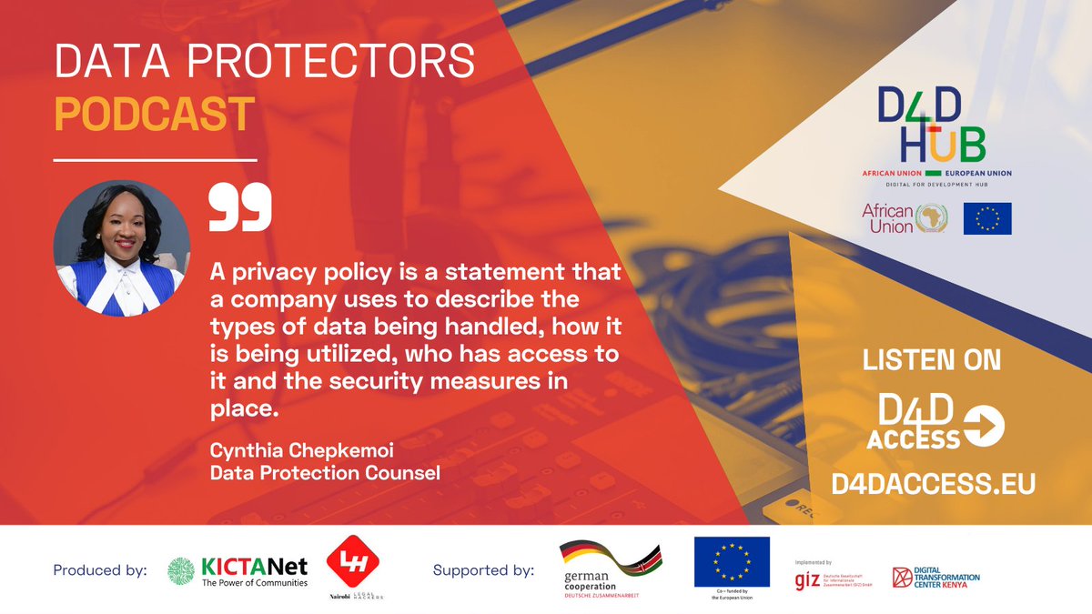 D4DHub_EU's tweet photo. 🇰🇪 Are you looking for practical advice to comply with #dataprotection regulations? Do you want to understand the Data Protection Act?

Listen now to the #DataProtectorsPodcast: https://t.co/cKs1B4IbUO

#DataProtectionKE @KICTANet @NBOLegalHackers @EUinKenya @DTC_Kenya https://t.co/xZ6V3yCSwu