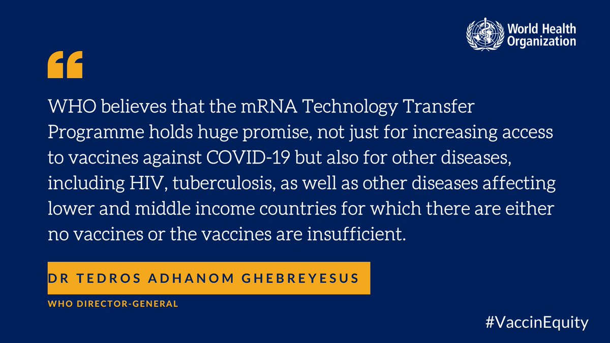 WHO's tweet photo. "The #COVID19 pandemic highlighted that one of our most important strategies for addressing global health emergencies is to increase the capacity of all regions to produce medical countermeasures, such as vaccines &amp; therapeutics"-@DrTedros

Full remarks ⬇️
https://t.co/GO2FrQ05YB https://t.co/yXWCX46uH0