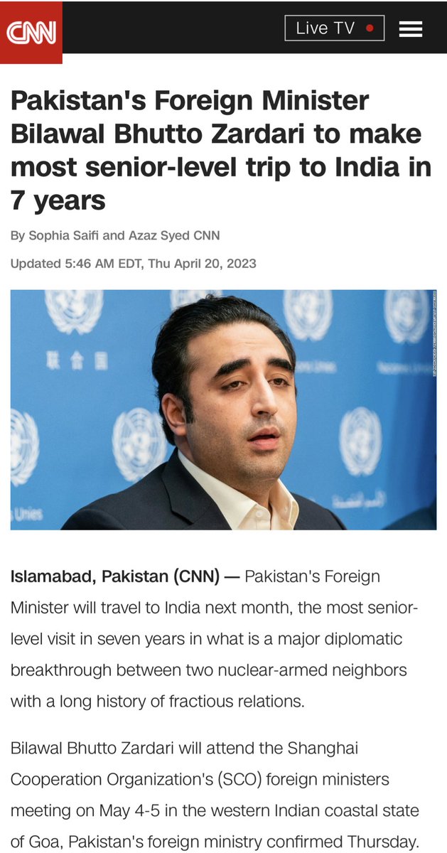 AdityaRajKaul's tweet photo. CNN in its international report on Pakistan Foreign Minister Bilawal Bhutto’s visit to India for SCO meeting in Goa says Pak-India ties worsened because of Indian “Surgical Strikes” of POK in 2016 and Indian “Airstrikes” in 2019. Nowhere do they mention Uri terror attack or the Pulwama suicide terror bombing. Why this deliberate hiding of facts? This is how the western press manipulates facts and news to push a biased narrative in their reportage. Terrorism shouldn’t be defended by media. Shameful.