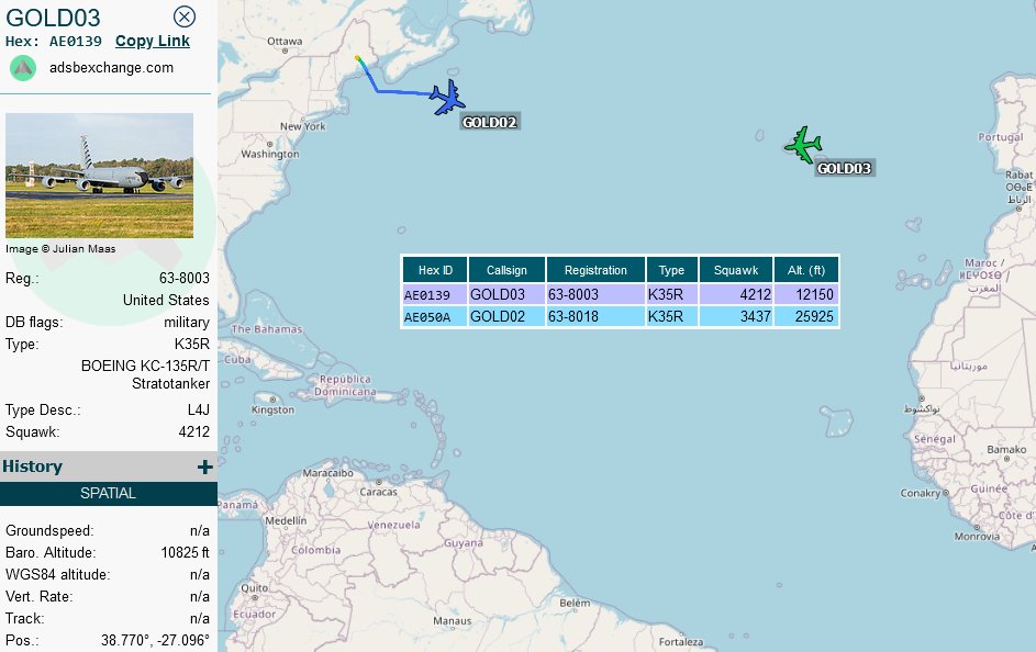 SirListenalot's tweet photo. #KC135 #AE050A as #GOLD02 out of Bangor with (four or six) "TX" #F16's as #TABOR51. #KC135 #AE0139 as #GOLD03 airborne from Lajes (destination Morón) will join in along their route https://t.co/Li0cwKj8ng