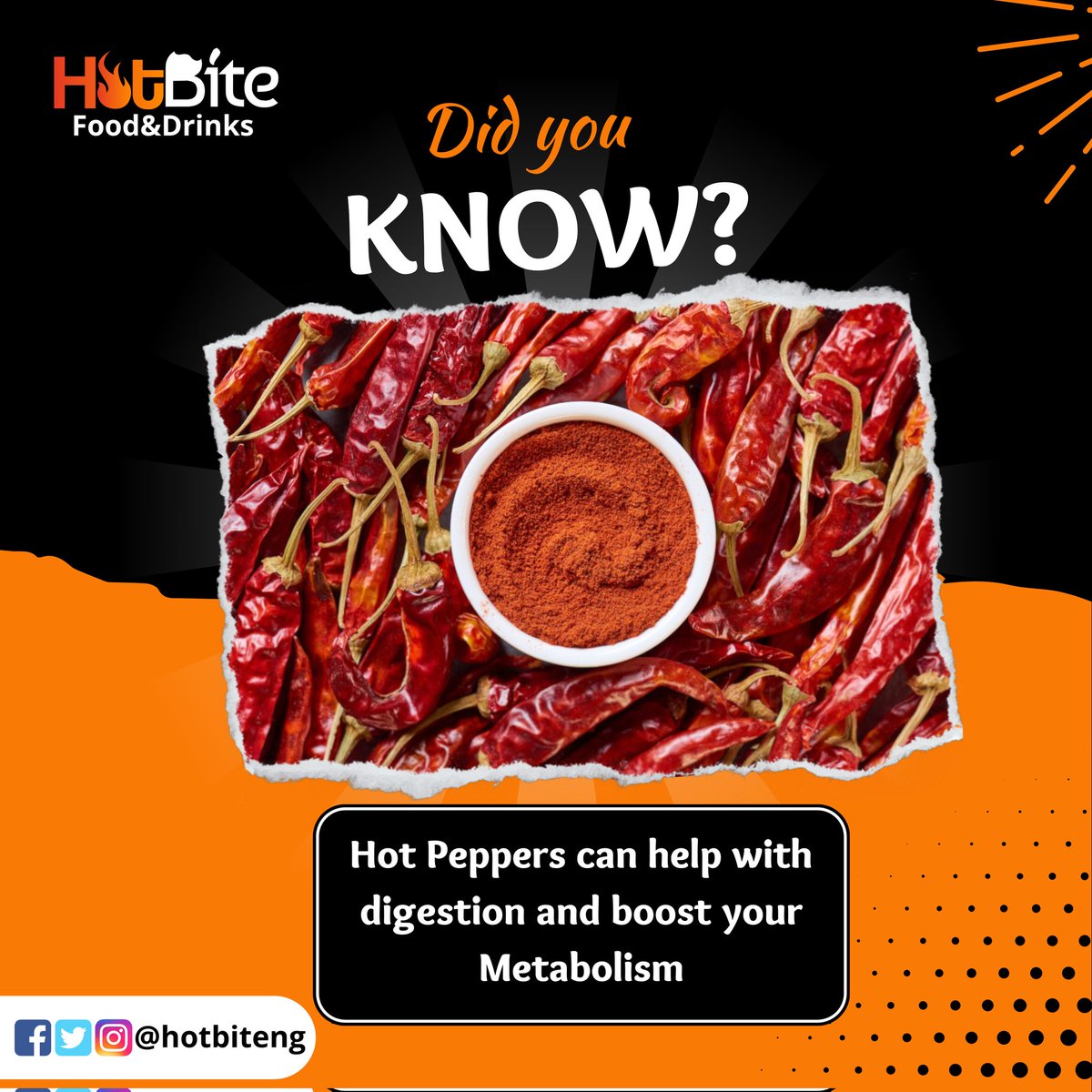 Hotbiteng's tweet photo. Spice up your life and give your digestion a boost with Hot Peppers!
Did you know they can improve metabolism too? Try adding some heat to your next meal with HotBite's range of spicy dishes! 🔥🌶️
#HotBite #SpicyFood #DidYouKnow #bestshawarmaintown https://t.co/N5a7btZoIf
