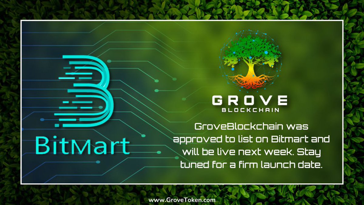 MohamedElsyd168's tweet photo. #GroveBlockchain Soon will be available @BitMartExchange
๐stay tuned for the firm listing date
More #CEX to be announced
More ways to utilize your #GRV native
#GroveGEM #GroveCoin #GroveX #GroveBlockchain #GroveSwap
#GRV #GRVG #BNB #BuildWithGrove #Staking #Farming #NewEra https://t.co/O6JC97mWqK