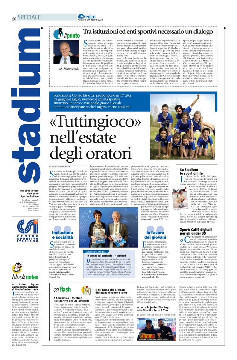 CSInazionale's tweet photo. Nella pagina #Stadium su @Avvenire_Nei di oggi #20aprile: 
✅ #Tuttingioco nell’estate degli oratori
✅ Su Stadium lo sport onlife
✅ #Zport: Caffè digitali per gli under 35 
✅ A Lecce la #JuniorTIMCup alla Final 8 @SerieA @TIM_Official https://t.co/WtfkQNC0Bi