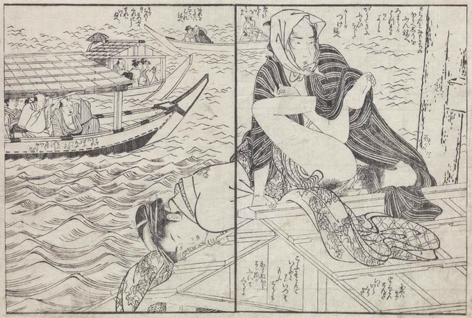 屋根船の屋根に乗って腰を振り、みんなに披露するというアタオカな春画。
周りもムラ突き上げ、背後にいる船頭さんはついに帆柱を勢いよく立てます。
江戸期のある時期には、屋根船で性行為をする者どもがおり、風俗上よろしくないと問題視されていましたが、これはもはや事件です。 