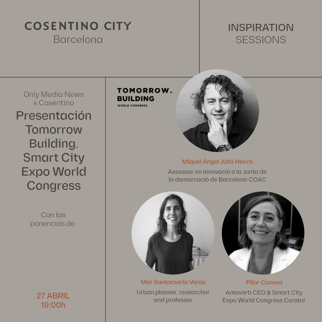 CosentinoBCN's tweet photo. Con la participación de:
⁃ Miquel Angel Julià Hierro, Assessor en Innovació demarcació de Barcelona COAC
⁃ Mar Santamaria Varas, Urban planner, researcher and professor
⁃ Pilar Conesa, Anteverti CEO &amp; Smart City Expo World Congress Curator
Registro 👉 https://t.co/bI2jbZt2DL https://t.co/vJWr1njixG