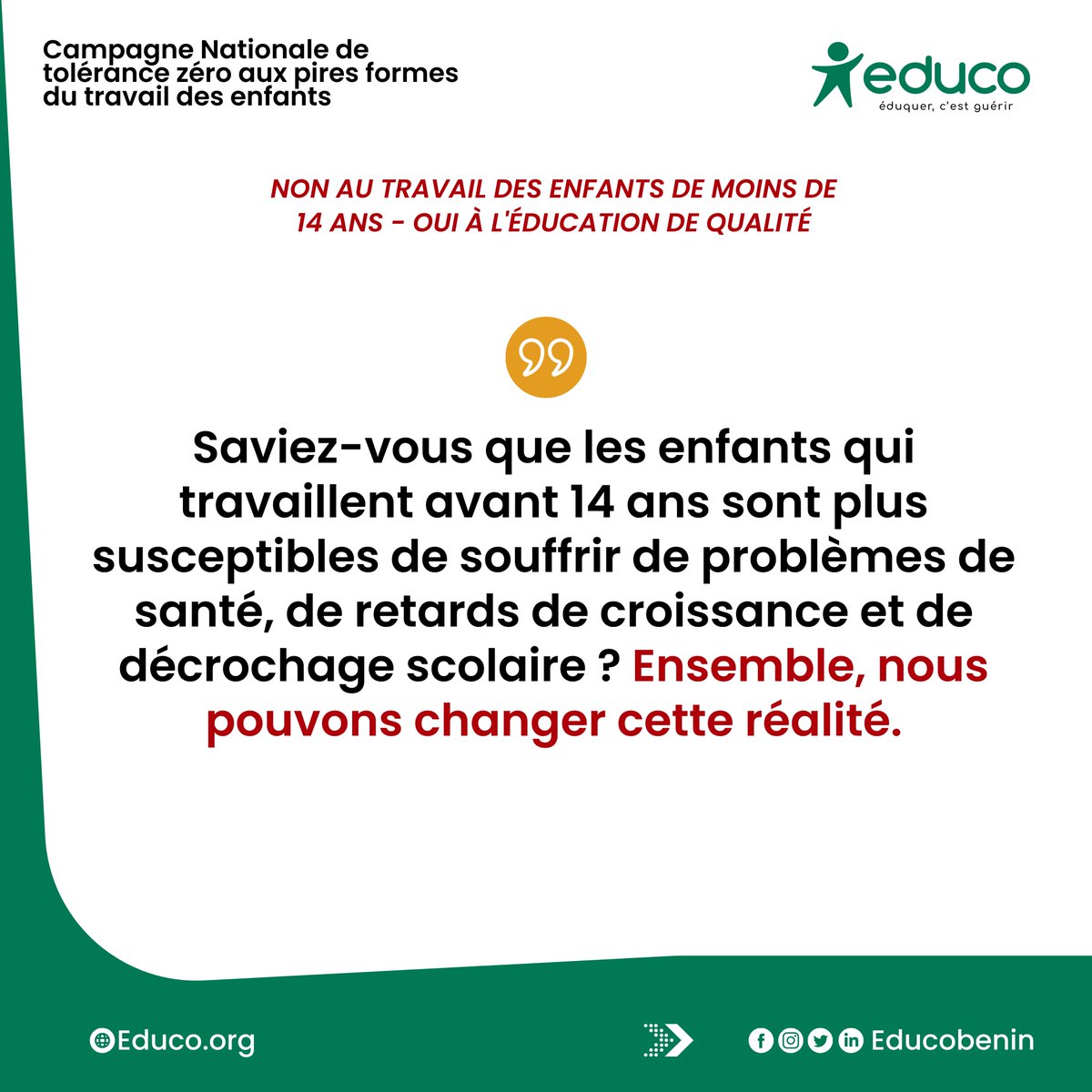 EducoBenin's tweet image. 🆙🚩 Saviez-vous que les enfants qui travaillent avant 14 ans sont plus susceptibles de souffrir de problèmes de santé, de retards de croissance et de décrochage scolaire ? Ensemble, nous pouvons changer cette réalité. Disons NON au travail des enfants avec #MASM, #MTFP, #unicef