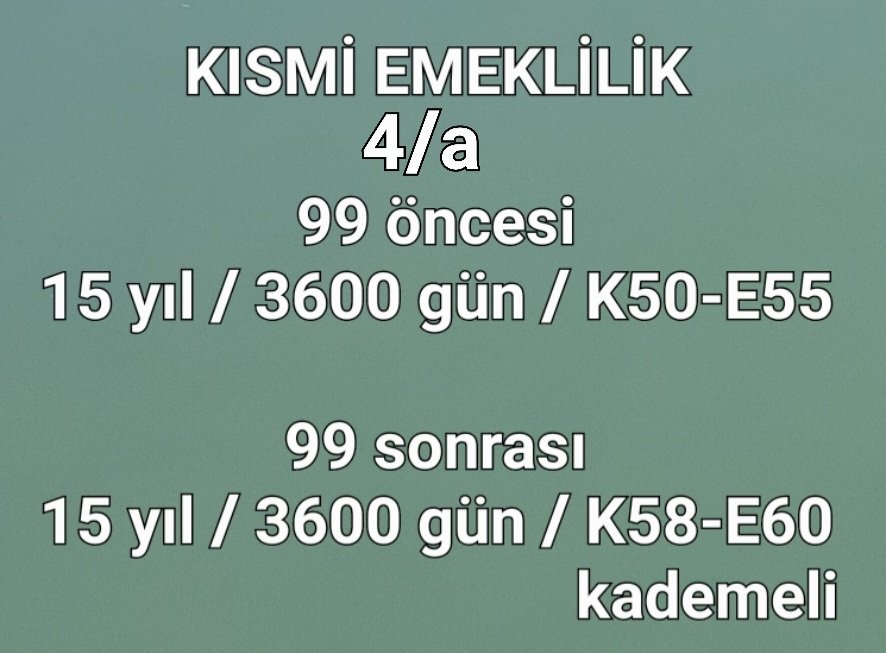 KISMİ Emeklilik aynı zamanda bir hukuk savaşıdır.
EYTde 81. maddenin B bendinde yaş kaldırılırken, C bendindeki düzeltilmedi. 

KISMİ EMEKLİLİK YAŞa Takıldı! 

8.9.99 Öncesi işe girenlerin
Kısmi Emeklilik YAŞ Şartı
yeniden 50-55 olarak düzenlenmelidir
