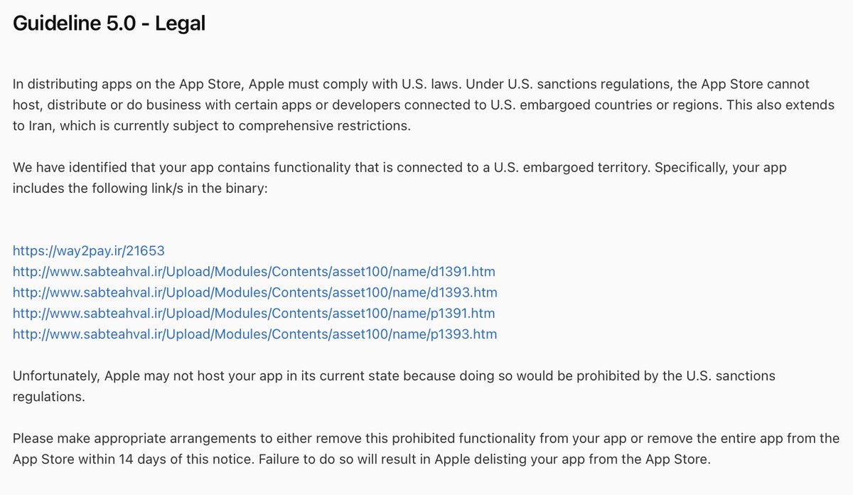 Apple has unfortunately rejected the Pythonista 3.4 update, citing 3 separate issues. Still trying to process it all, but it's ridiculous that even a harmless link to the top 50 female names in Iran (courtesy of the `faker` module) triggered their strict sanctions policy.