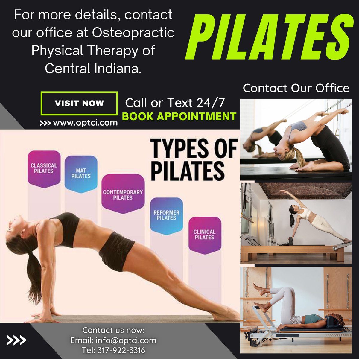 PILATES

For more details, contact our office at Osteopractic Physical Therapy of Central Indiana.
optci.com

#physicalactivity #football #injury #physical #therapy #physicaltherapy #pilates #pilateslovers #pilateslove #physicalhealth #physicaldistancing