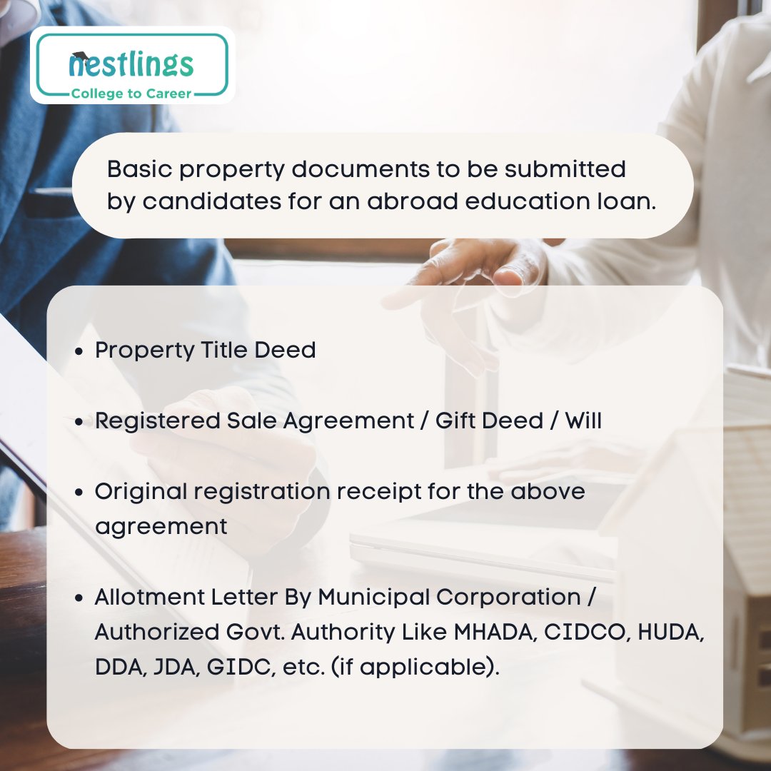 NestlingsGrp's tweet image. Collateral loan is a type of secured loan that requires borrower to pledge an asset to avail loan. Here are the basic documents you may have to submit for availing study abroad loan. 

Contact us @ 8951980785

#securedloan #collateralloan #educationloan #loanrepayment #loan
