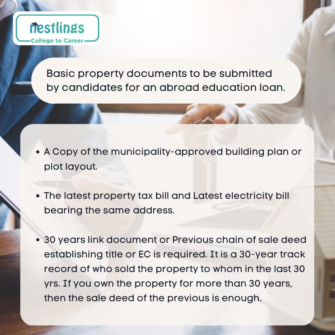 NestlingsGrp's tweet image. Collateral loan is a type of secured loan that requires borrower to pledge an asset to avail loan. Here are the basic documents you may have to submit for availing study abroad loan. 

Contact us @ 8951980785

#securedloan #collateralloan #educationloan #loanrepayment #loan