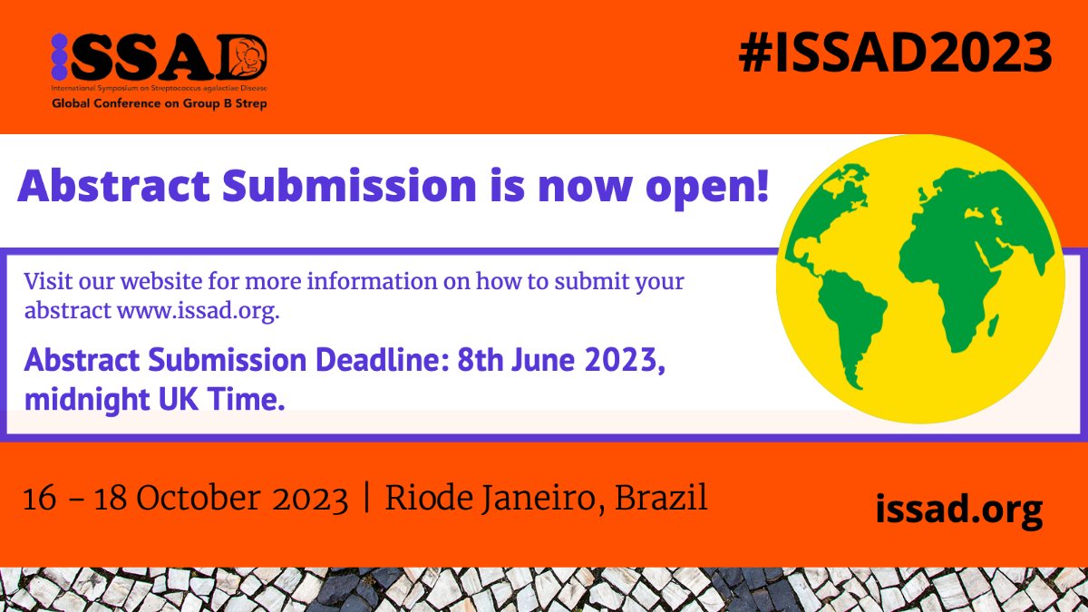 🚨Announcement🚨 

The ISSAD Global Conference on Group B Strep would like to announce that abstract submission is now open! Abstract Submission Deadline: 8th June 2023 
➡️ issad.org 

#GroupBStrep #meningitis  #sepsis #pneumonia #Defeatmeningitis #ISSAD2023