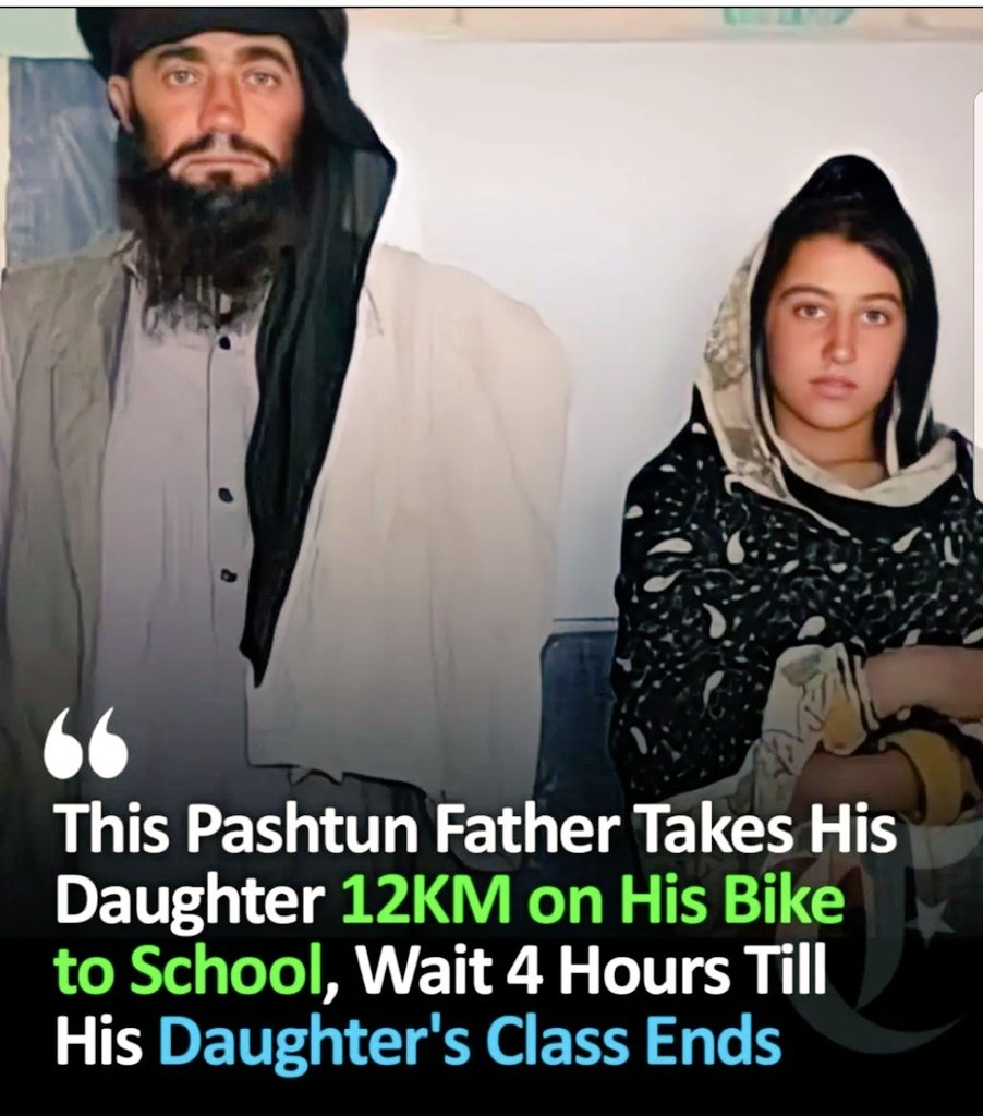 shan_afridi7's tweet photo. This Pakhtoon father, Mia Khan takes his daughter 12 km on his motorcycle to school daily and waits four hours until classes are over. He's uneducated himself and want his daughter to be a doctor as there is none in their Village.
#Pakhtoon #Education https://t.co/Z8XRyWXBrh