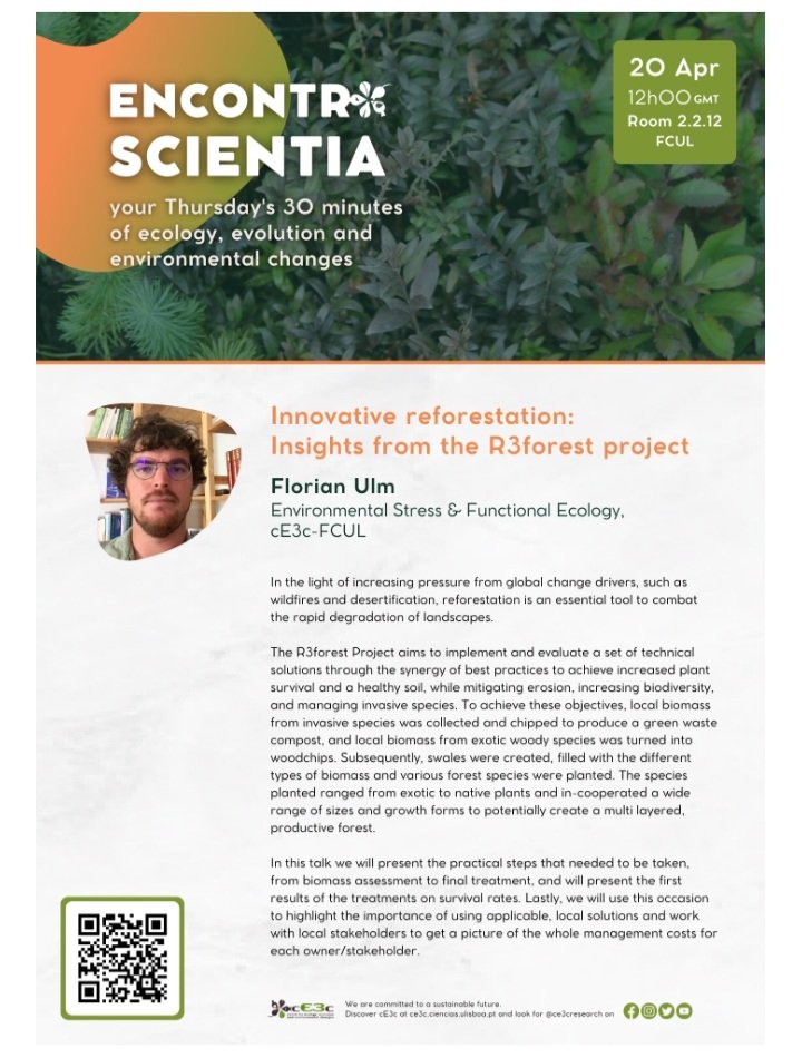 ESFE_cE3c's tweet photo. Today, one of our researchers presented the results of #R3forest Project that aims to use #Acacialongifolia biomass for post-fire recovery.
Find out more here: https://t.co/wxPD8021GI @CE3CResearch https://t.co/EvCGggPgAX
