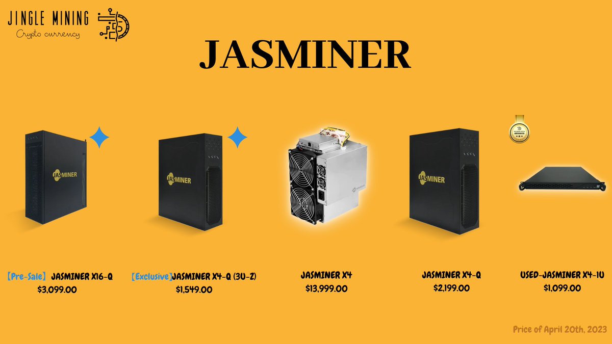 JingleMining's tweet photo. 🤖【Product-Catalog】
🥳#JASMINER
🔗Quick Order: https://t.co/G2CLF8U66u
#JingleMining #Miner #Mining #ETC #ETHW #ETF #ETP #EXP #PIRL #DBIX #RESOC #EGEM #ELLA #ATH #MIX #CLO #MOAC #ETHO #ETX https://t.co/1mCCPAG2ji