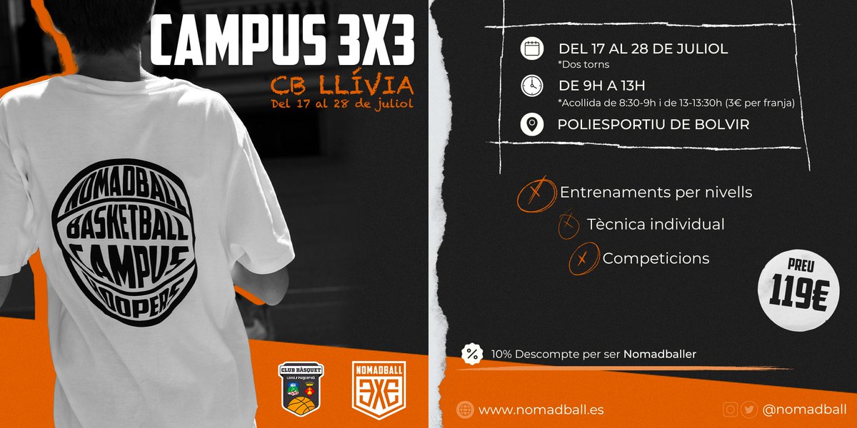 🗣️ Ey 𝗡𝗼𝗺𝗮𝗱𝗯𝗮𝗹𝗹𝗲𝗿𝘀! Aquest estiu fem la segona edició amb <a href="/LliviaPuigcerda/">C.B.Llívia-Puigcerdà</a> a Bolvir!  

🗓️ Del 17 al 28 de Juliol 
⌚️ De 9h a 13h 
📍 Poliesportiu de Bolvir  

➡️ Entrenaments per nivells 
➡️ Competicions 
➕ Premis i sorpreses!  

A què esperes?😏

 #nomadballsquad