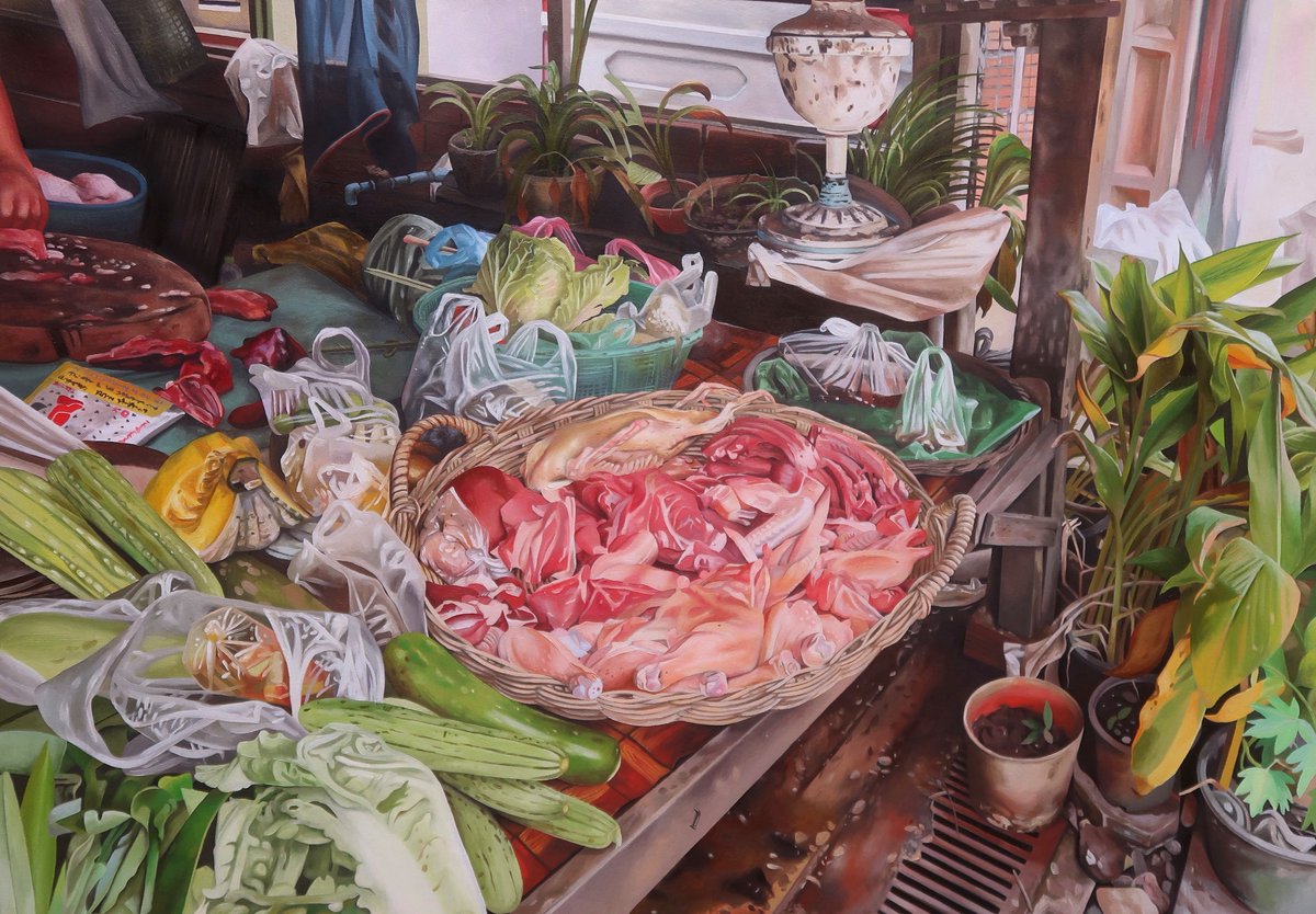 juliahaw's tweet photo. “Meat Lady,” or “Neang Saj,”
39.25x27.5in.
Oil on Canvas
2022-2023 https://t.co/NAi4Jg5dSr