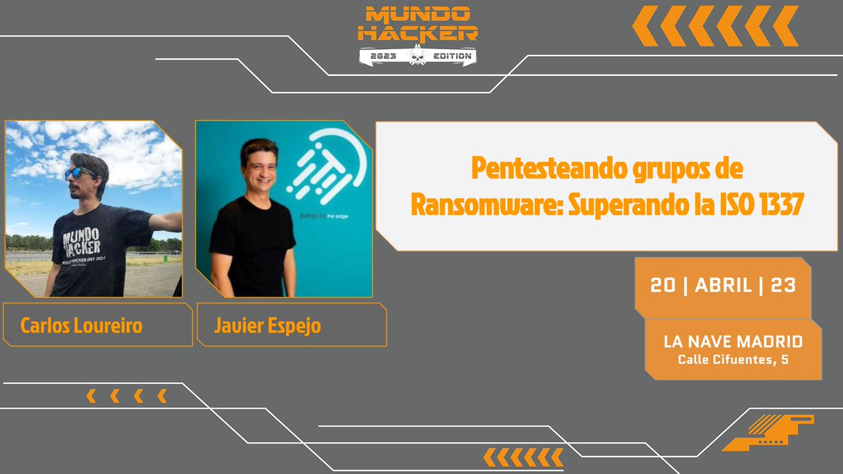 mundohackertv's tweet photo. Reanudamos nuestro #mundohackerday con 2 integrantes del #MundoHackerTeam.Ponencia a cuatro manos entre @javiespejo96 y @cloureiro80: Pentesteando grupos de Ransomware: Superando la ISO 1337 #ciberseguridad #happyhacking #MundoHackerDay Streaming en https://t.co/UL1k23UG6i https://t.co/a0wFxnEFTZ