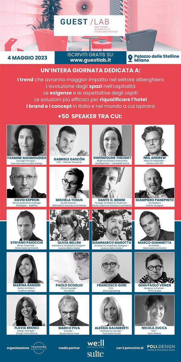 Gazzettalombard's tweet photo. Il 4 maggio 2023 torna GUEST/LAB, l’appuntamento professionale di alto profilo dedicato al mondo dell’ospitalità, del design e del contract ...
.
#4maggio2023 #designnelmondodell’hotellerie #GuestLab #INUMERIDIGUEST/LAB #milano #PalazzodelleStelline

https://t.co/0y2i9yXGOV https://t.co/ZuFFqIZ2bp