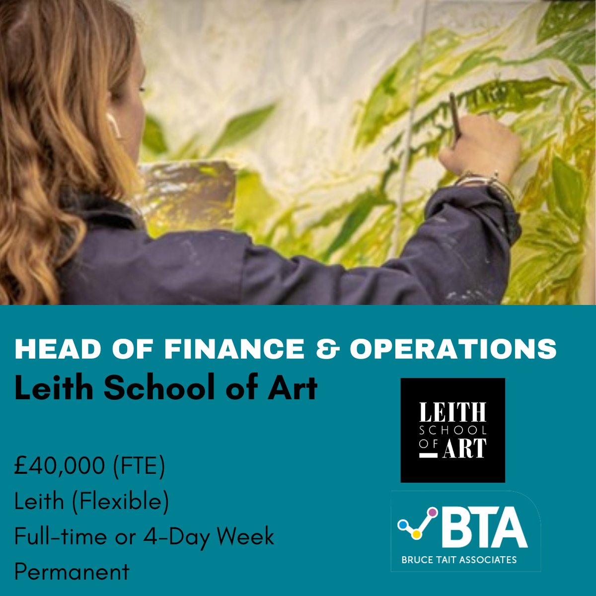 Leith School of Art
Head of Finance &amp; Operations
£40,000 (FTE)
Leith (Flexible)
Full-time or 4-days per week (Permanent)

For more information about this exciting opportunity: brucetaitassociates.net/vacancy/26